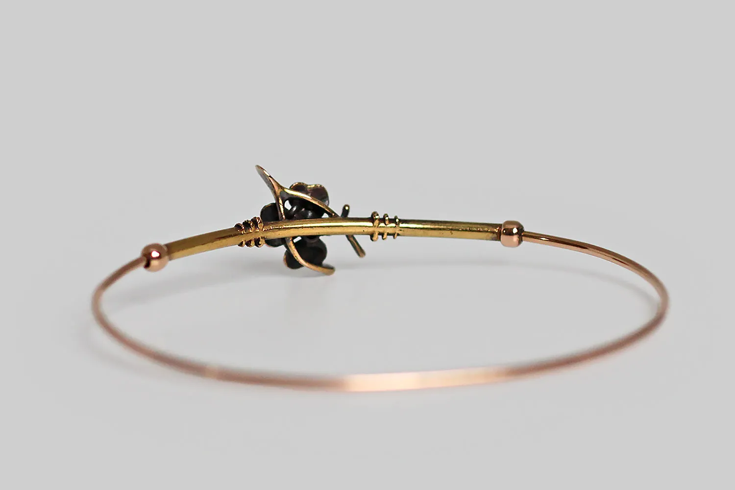 Slender Victorian Lucky Charm Bangle with Wishbone & Clover in 14k Gold