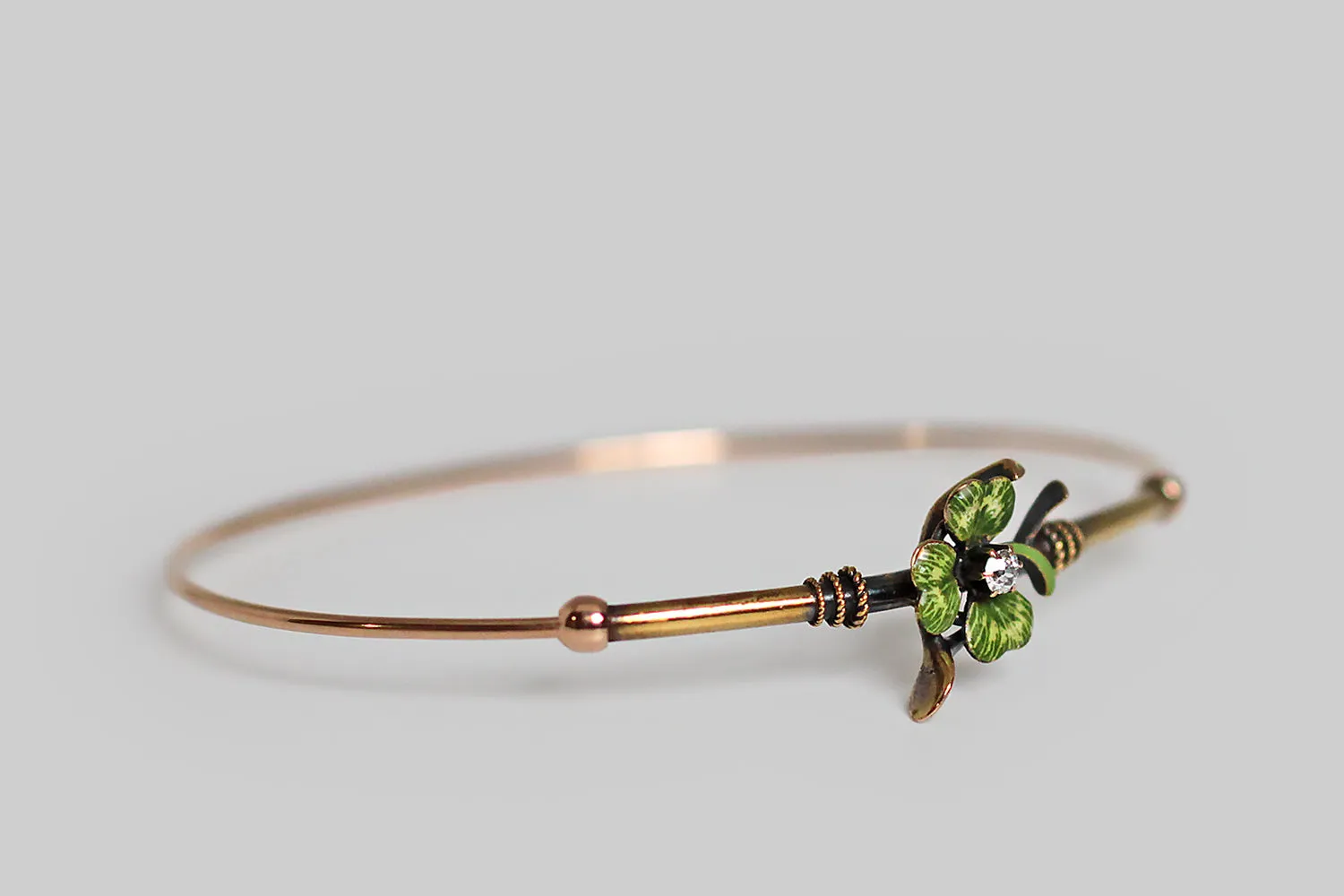 Slender Victorian Lucky Charm Bangle with Wishbone & Clover in 14k Gold