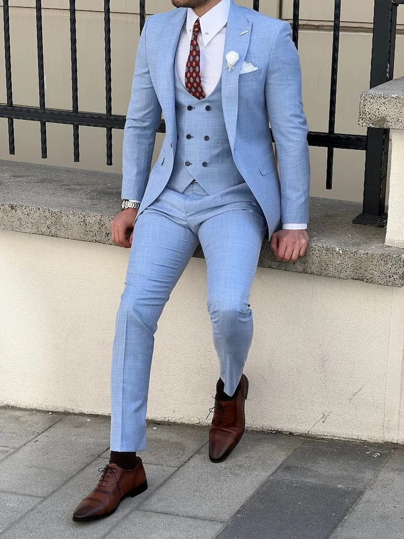 Slim Fit Tuxedo Mens Light Blue Wedding Wool Suit