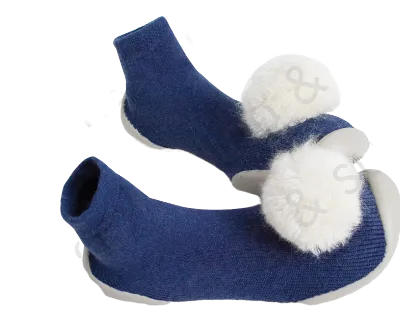 Slipper Socks Cashmere Blue With White Pom Pom