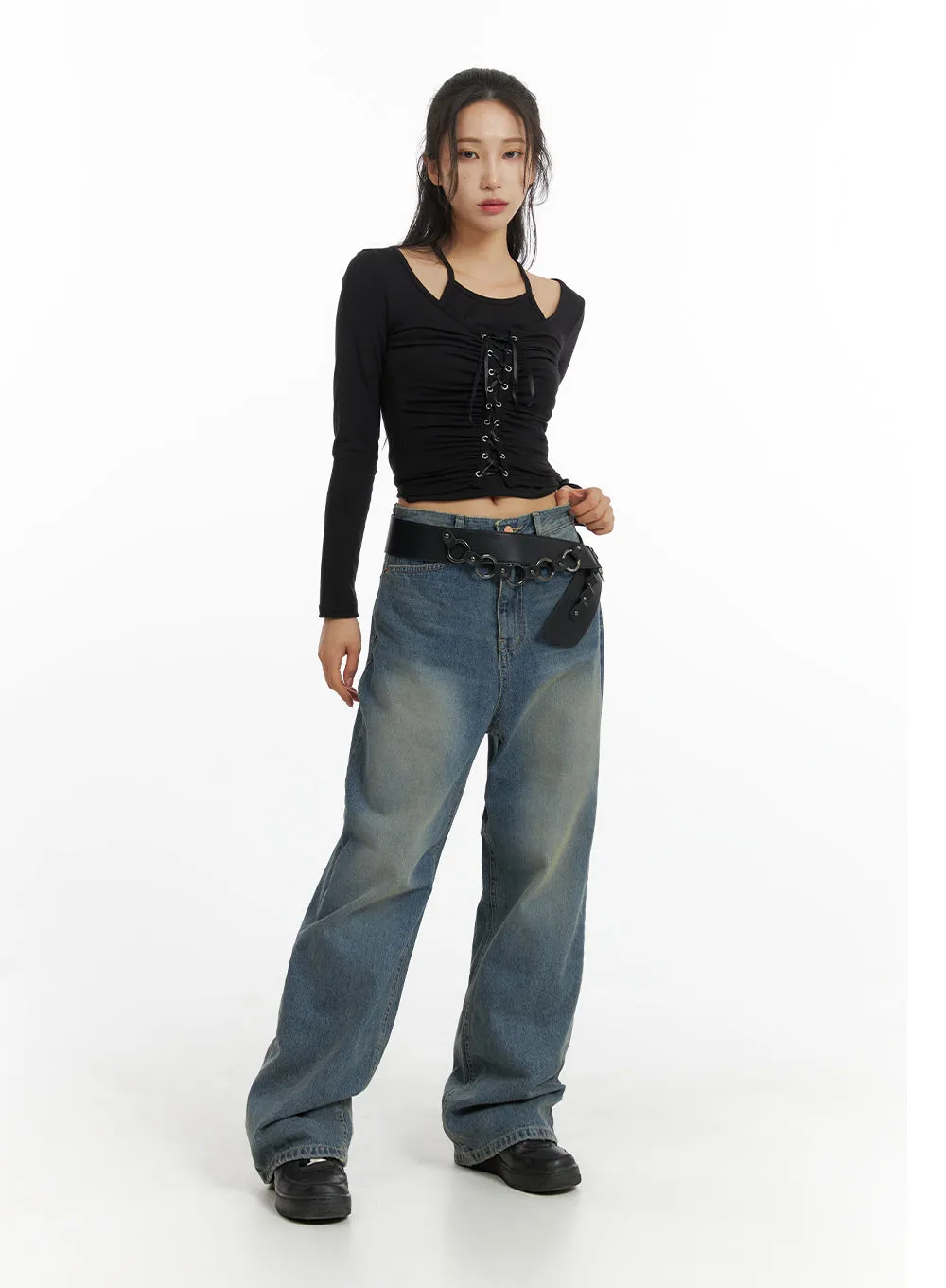 Solid Mid Waist Pocket Straight Leg Jeans IJ411