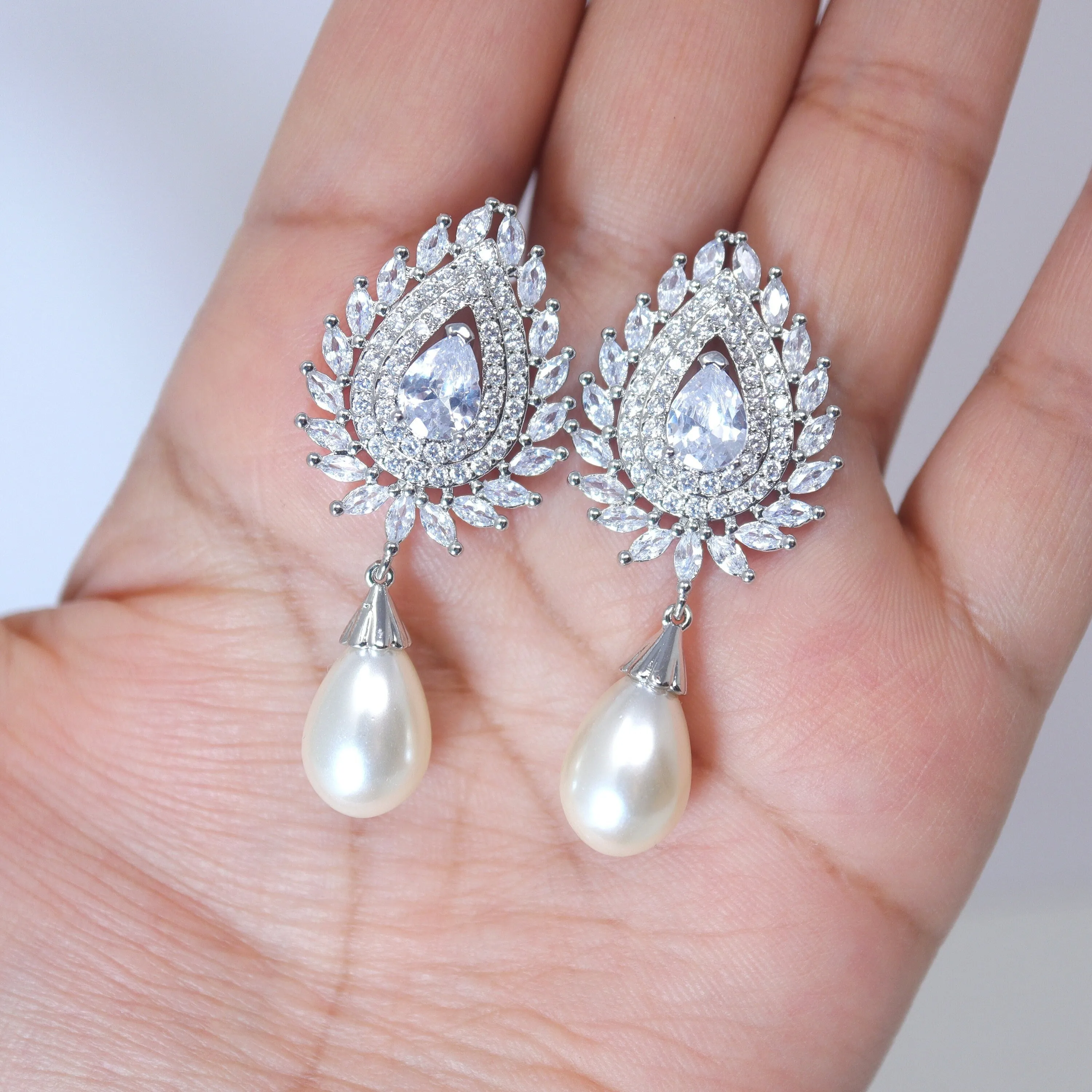 Sparkling Vine Serenade: Swarovski Crystal-Encrusted Pearl Drop Bridal Earrings, Crystal Bridal Earrings, Statement Earrings Cz