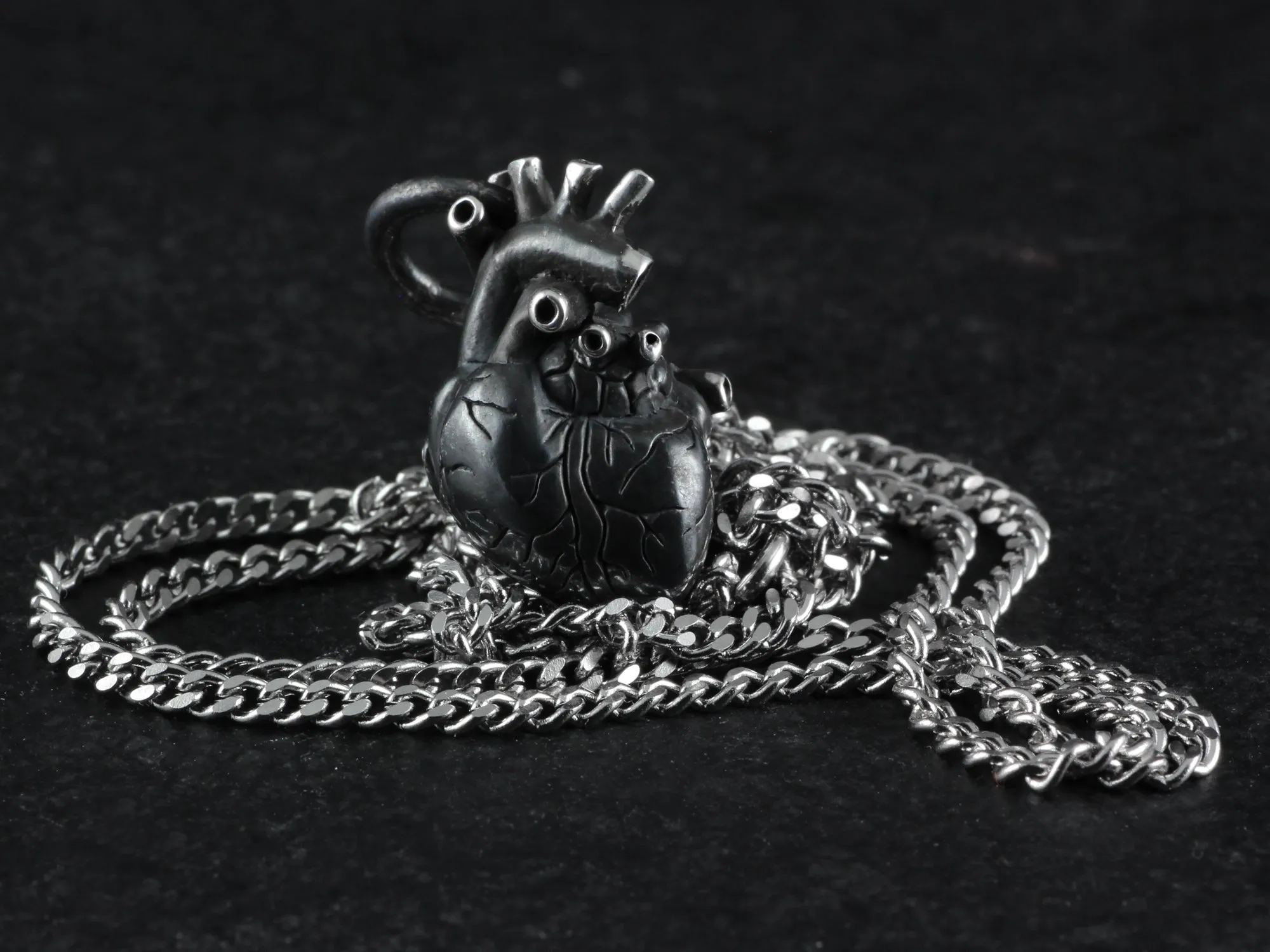 Sterling Silver Black Anatomical Heart Necklace - Small