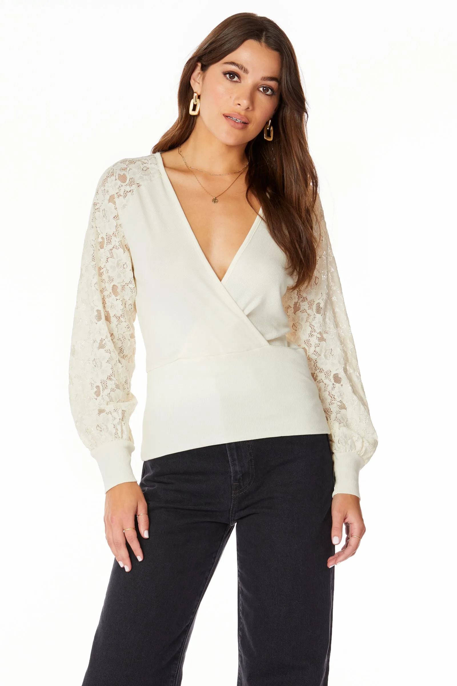 SURPLICE TOP WITH LACE SLEEVES