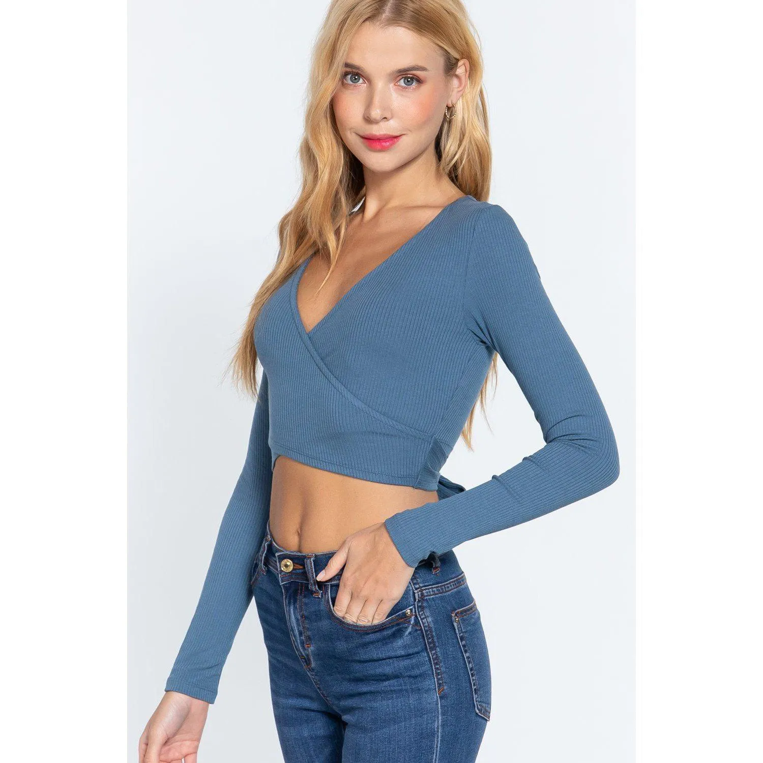 Surplice W/tie Rib Knit Top