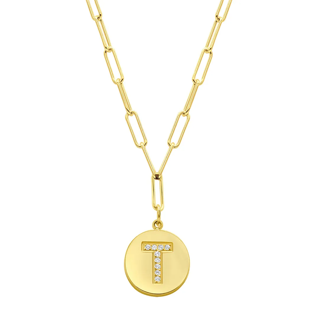 Tarnish Resistant 14K Gold Plated Pave Crystal Initial Disc Paperclip Necklace