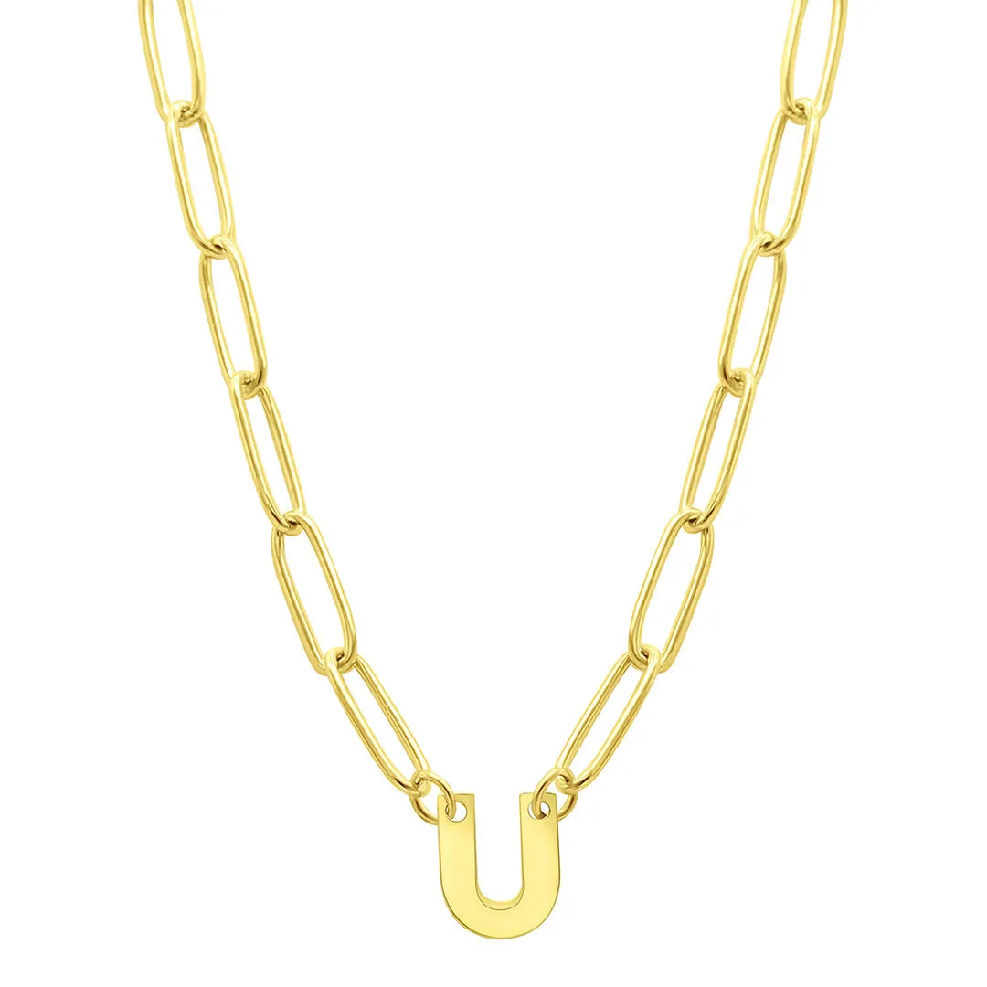 Tarnish Resistant 14K Gold Plated Pave Crystal Initial Disc Paperclip Necklace