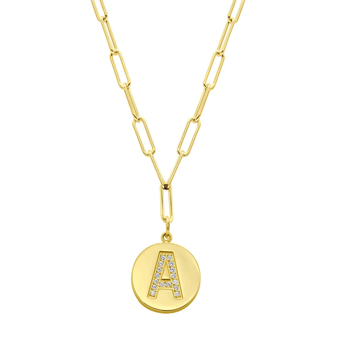 Tarnish Resistant 14K Gold Plated Pave Crystal Initial Disc Paperclip Necklace