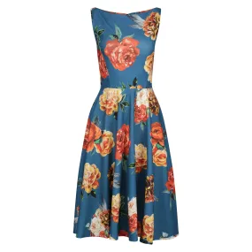 Teal Blue Rose Floral Print Audrey Style 1950s Swing Dress