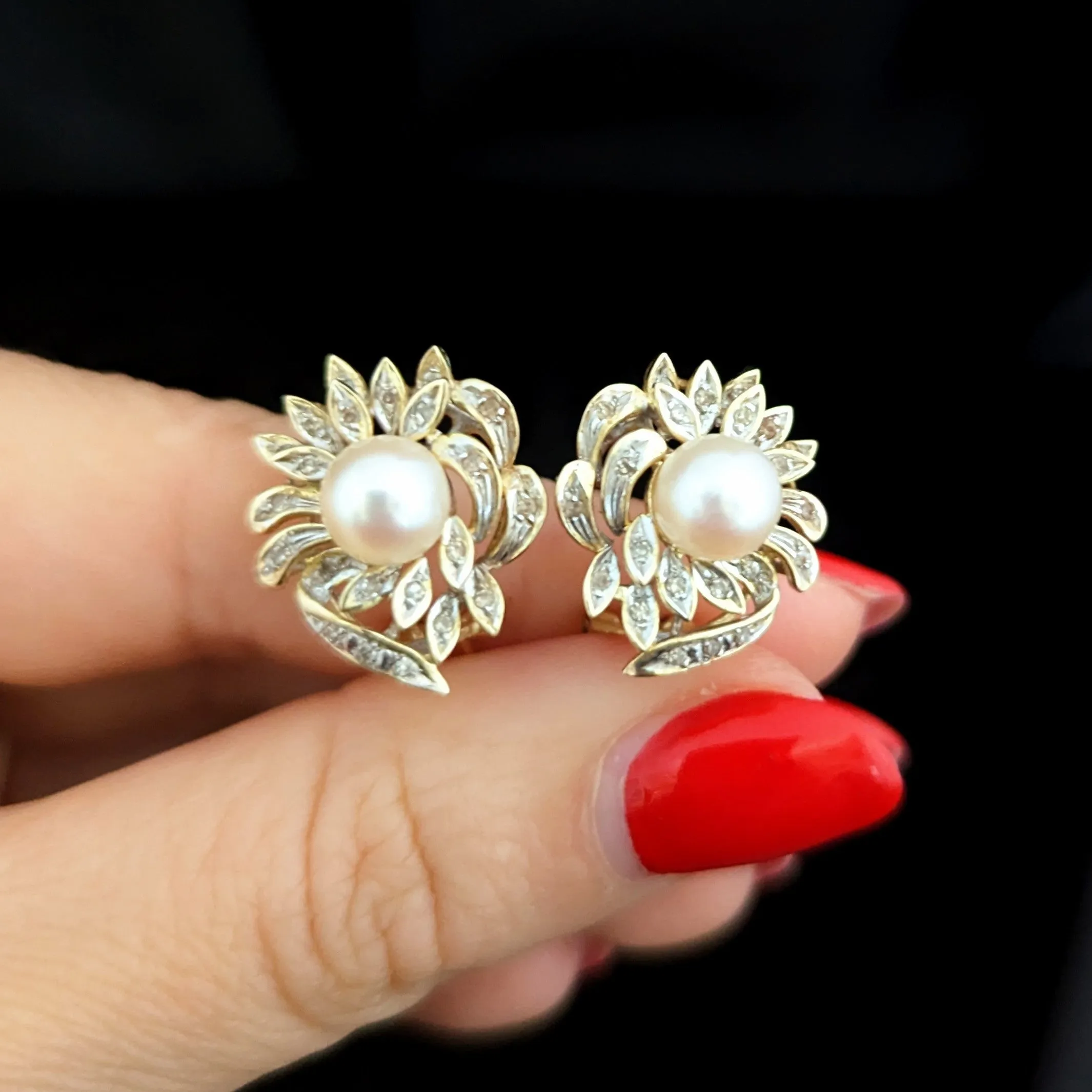 The Foxbury - Vintage Pearl Diamond 14k Gold Floral Earrings