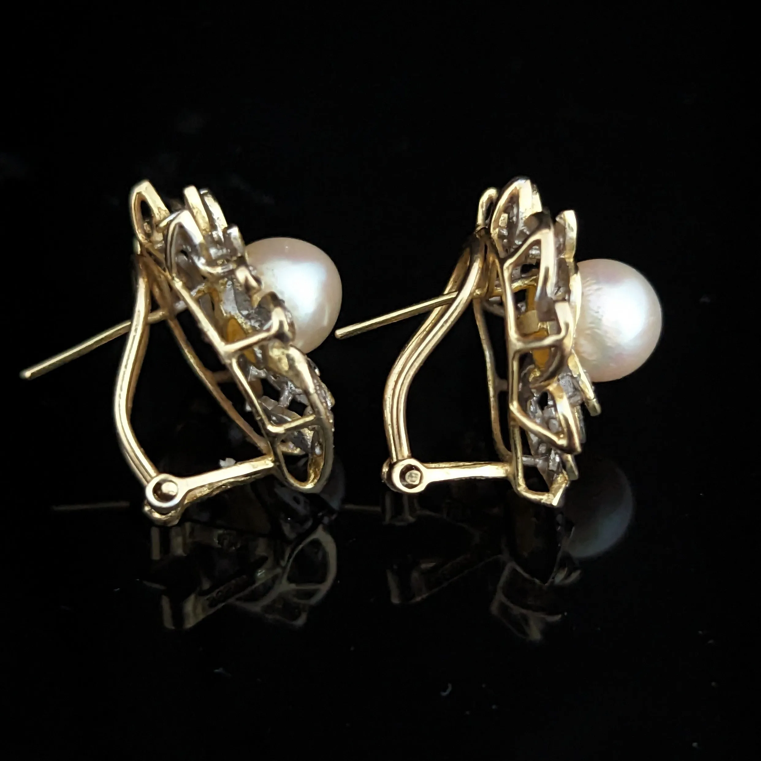 The Foxbury - Vintage Pearl Diamond 14k Gold Floral Earrings