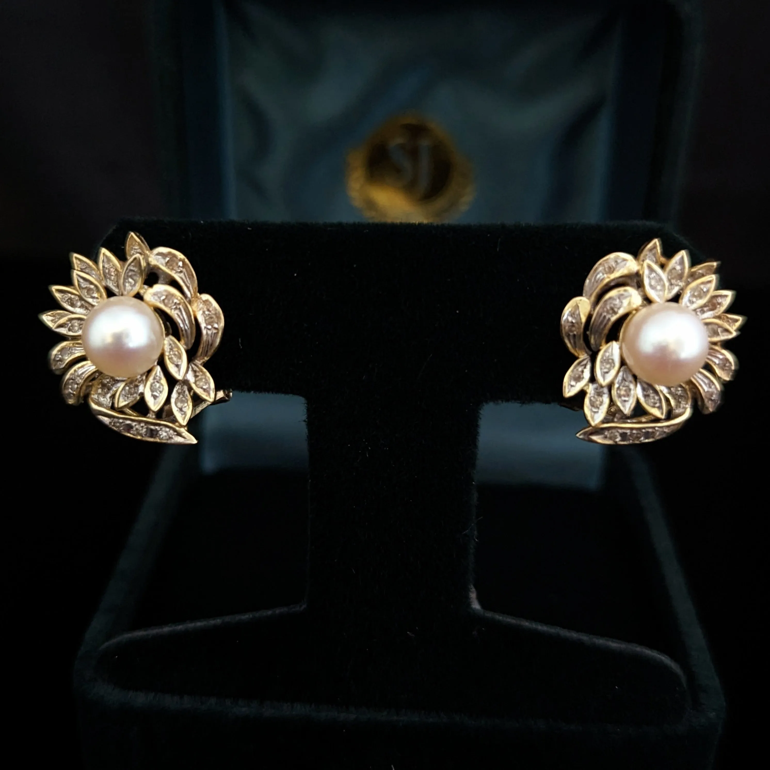 The Foxbury - Vintage Pearl Diamond 14k Gold Floral Earrings