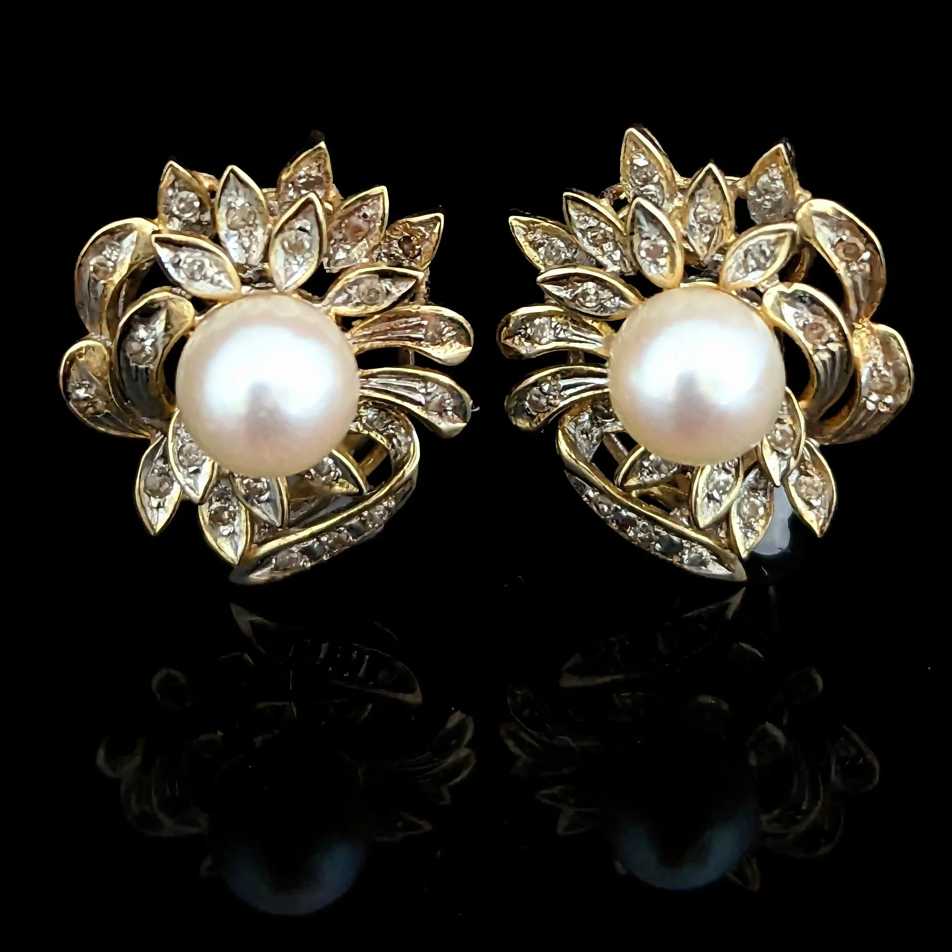 The Foxbury - Vintage Pearl Diamond 14k Gold Floral Earrings