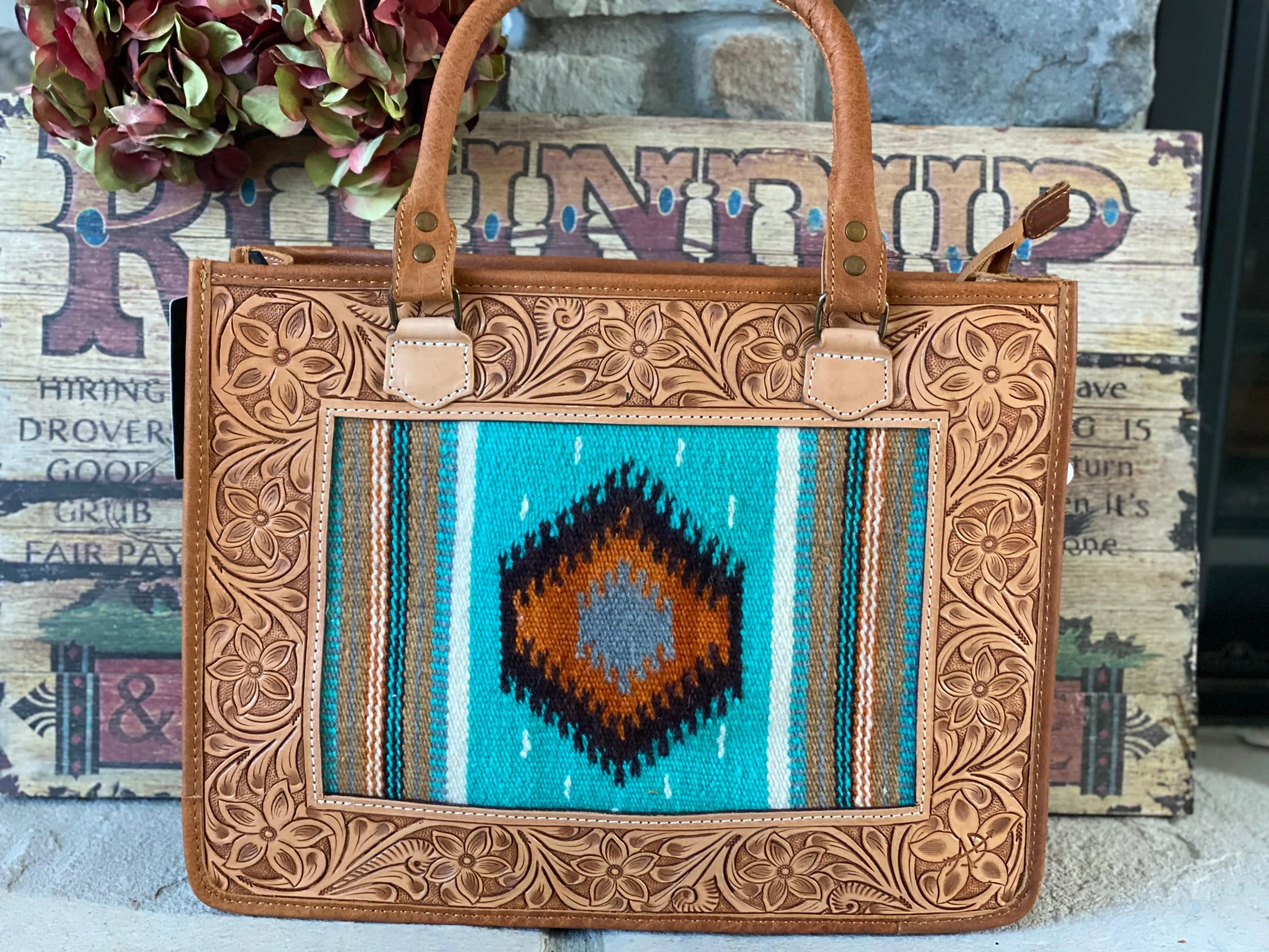 The Turquoise Navajo Wool Tooled Leather Rodeo Secretary Bag