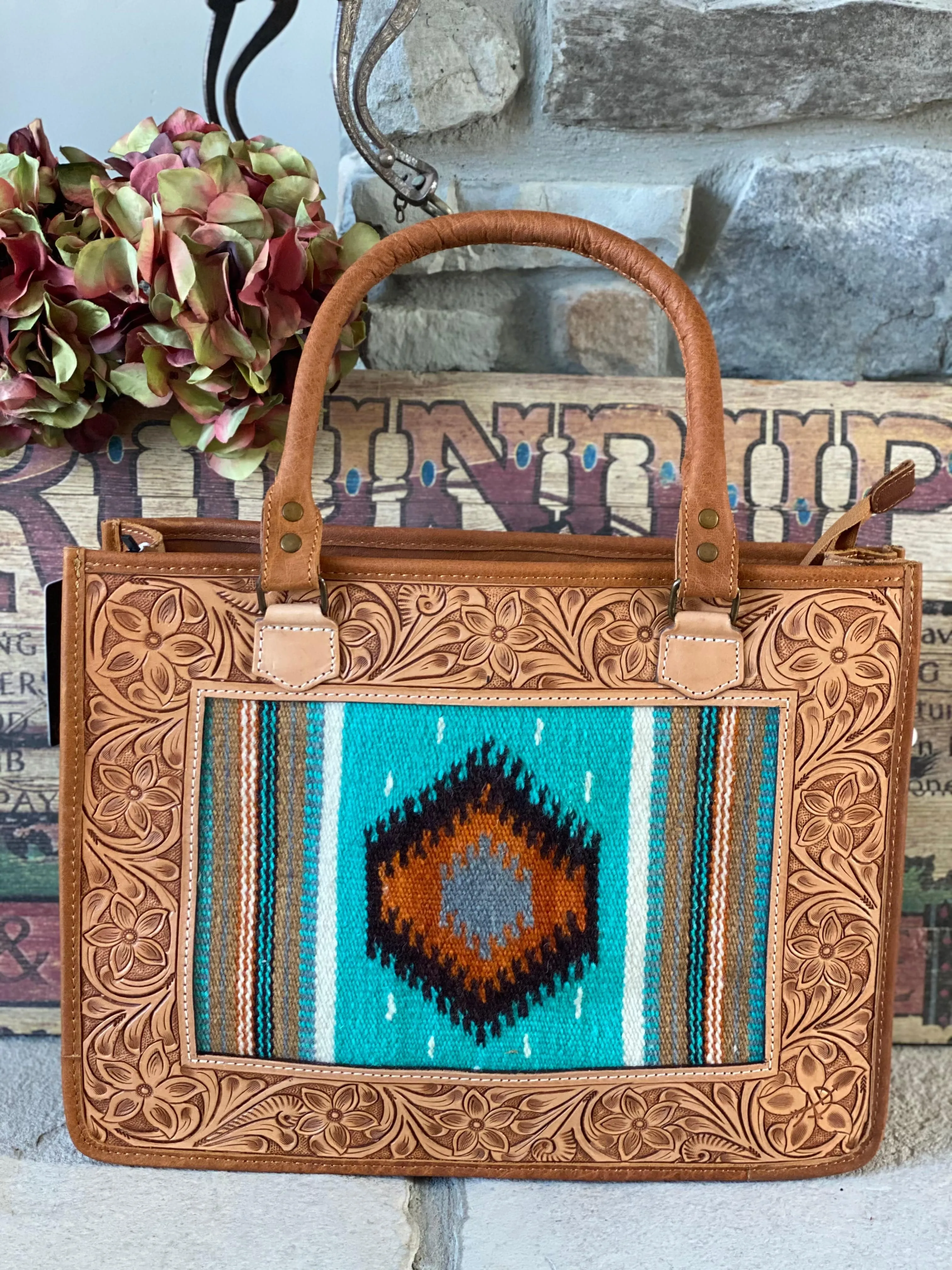 The Turquoise Navajo Wool Tooled Leather Rodeo Secretary Bag