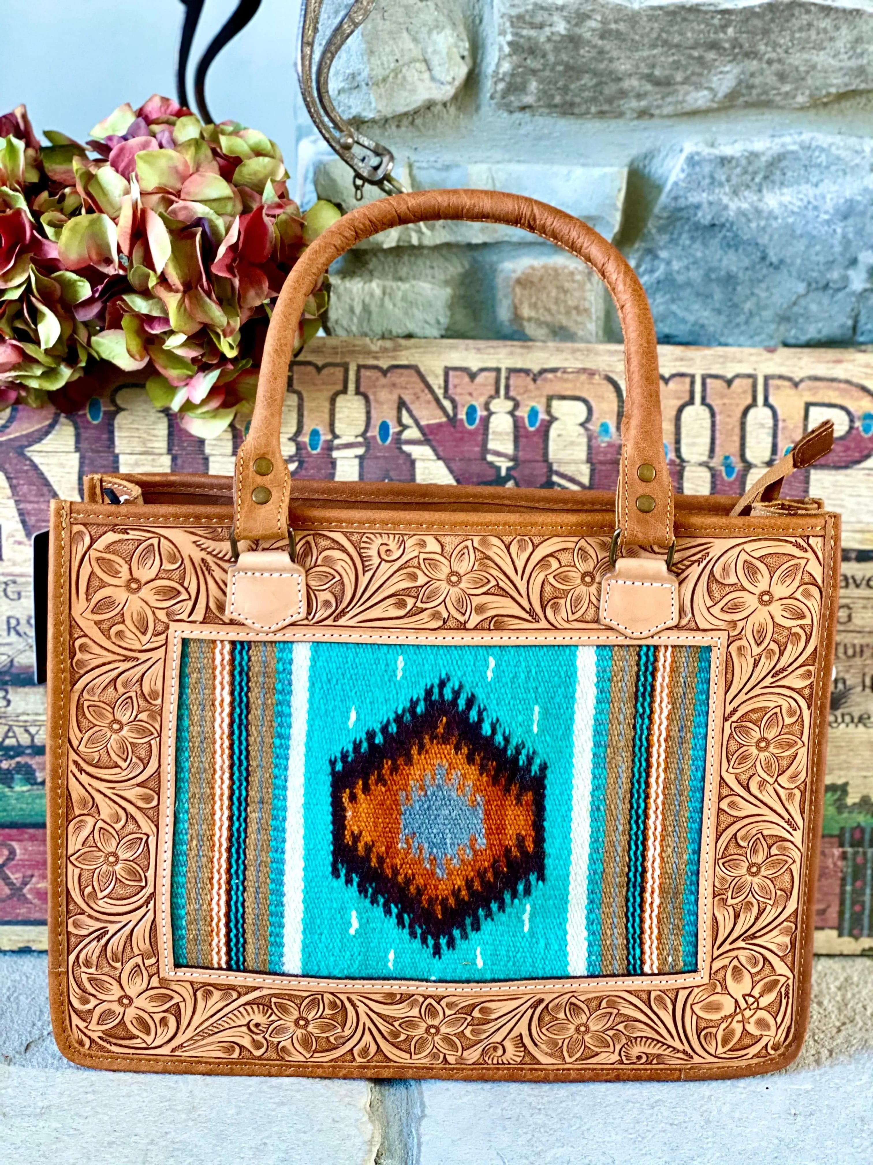 The Turquoise Navajo Wool Tooled Leather Rodeo Secretary Bag