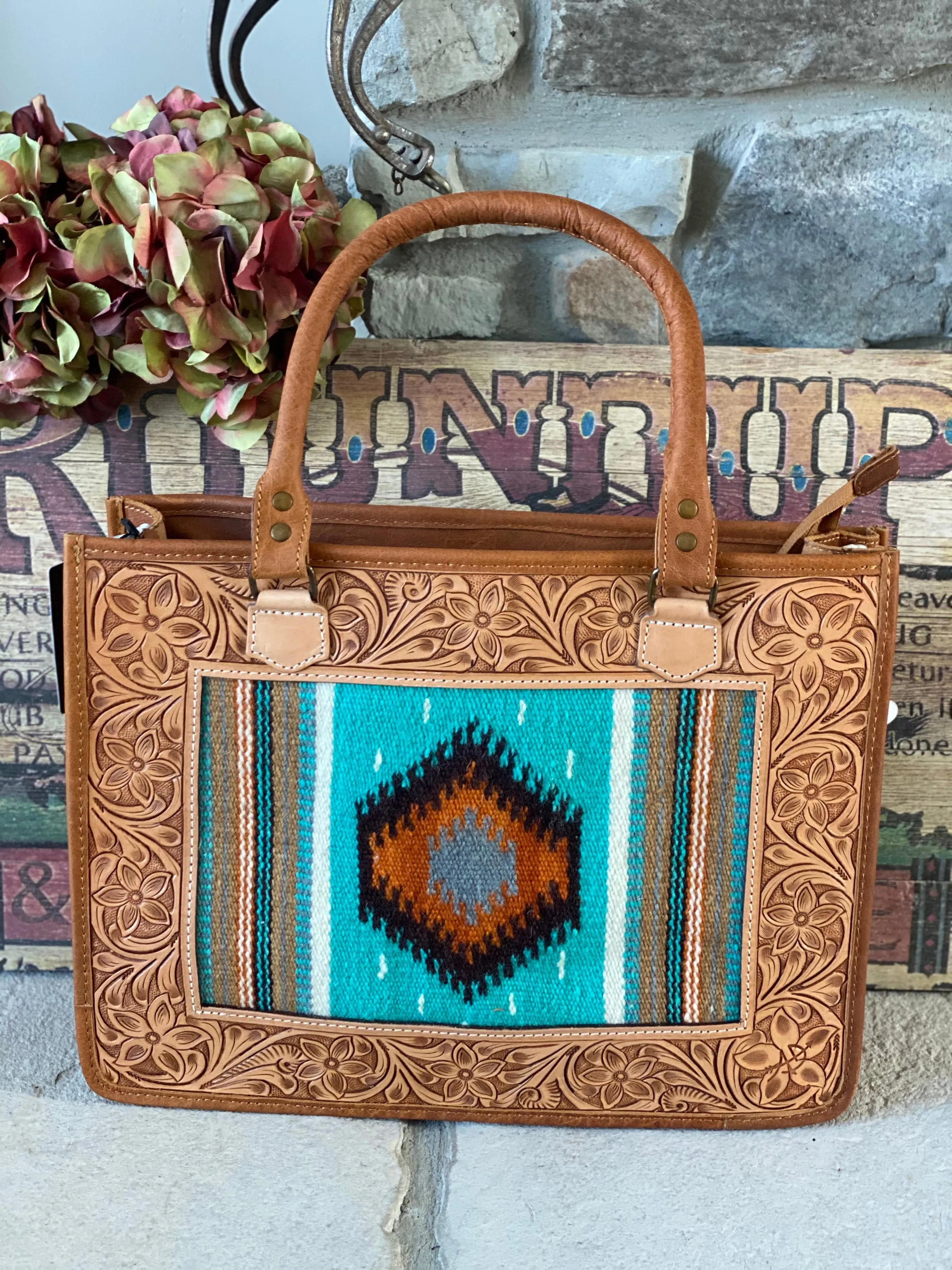 The Turquoise Navajo Wool Tooled Leather Rodeo Secretary Bag