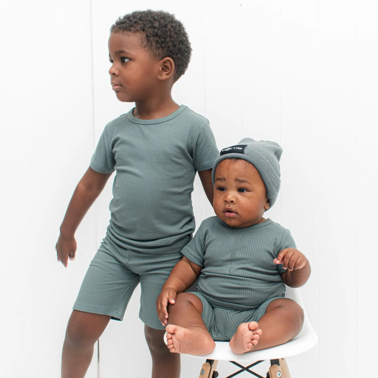 TWO PIECE SHORTIE SET- Slate Ribbed