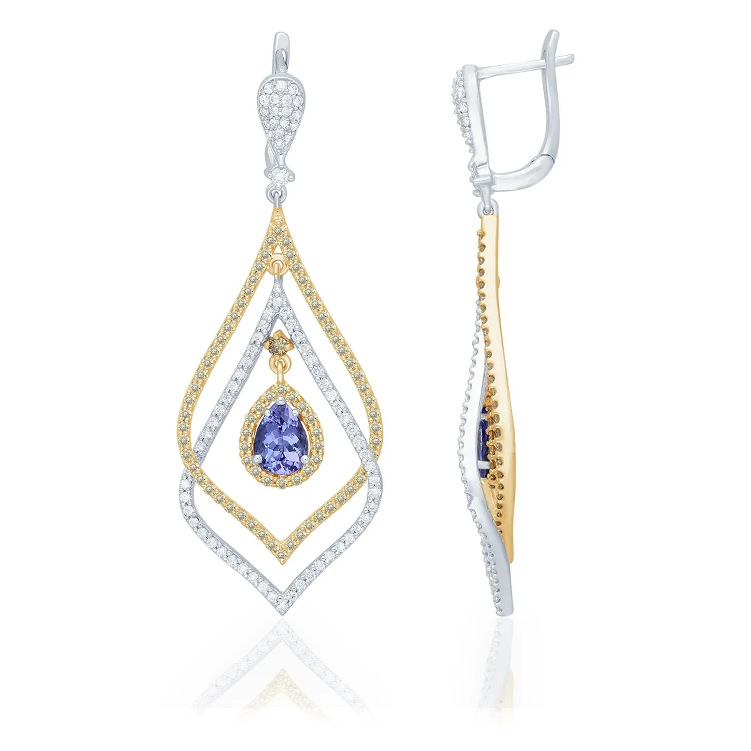 Two Tone Gold Tanzanite with White & Yellow Diamond Renaissance Earrings