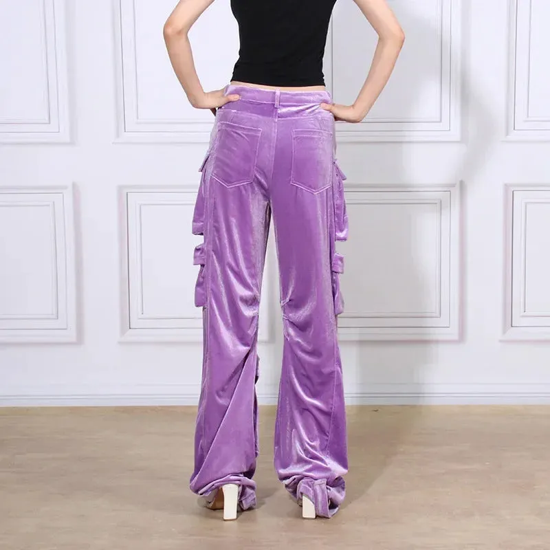 Velvet Cargo Pants Women Hip Versatile Casual Pockets Solid Straight High Waist Trousers for Female