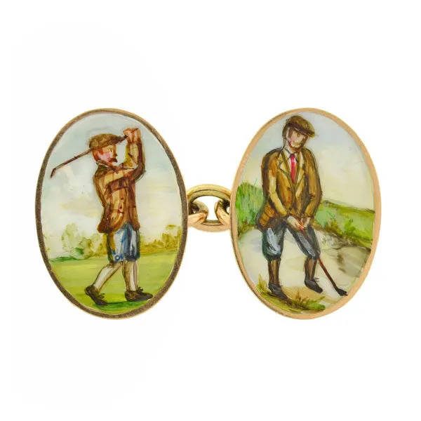 Victorian 15kt Enameled Golf Motif Double-Sided Cufflinks