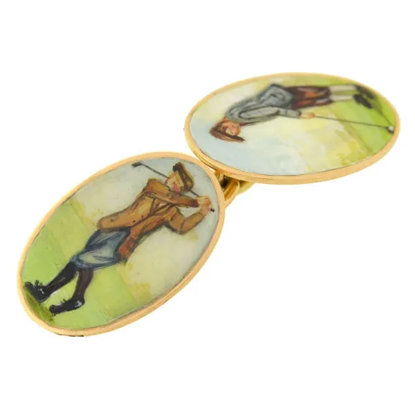 Victorian 15kt Enameled Golf Motif Double-Sided Cufflinks