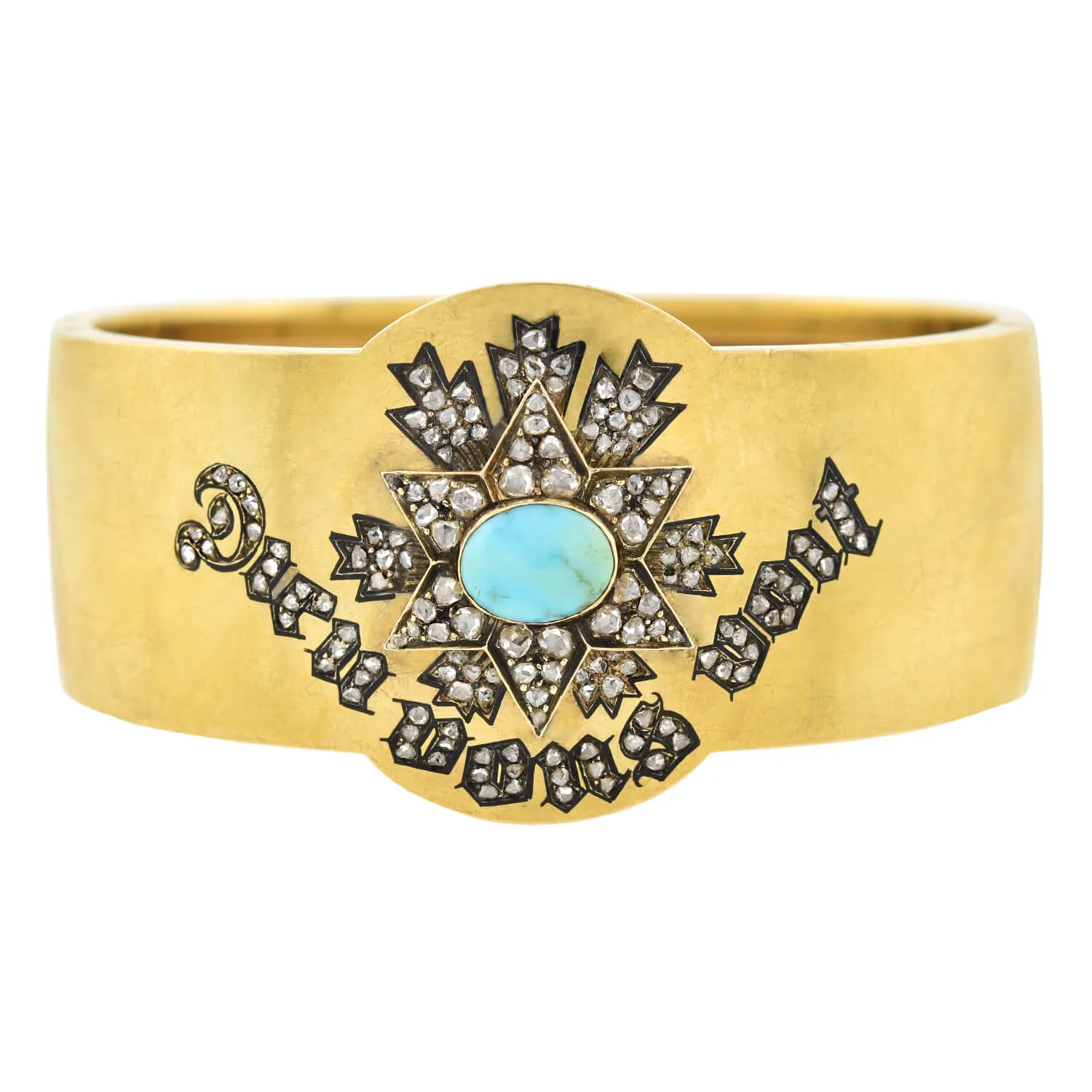 Victorian 18kt Diamond   Turquoise "Dieu vous voit" Bangle Bracelet