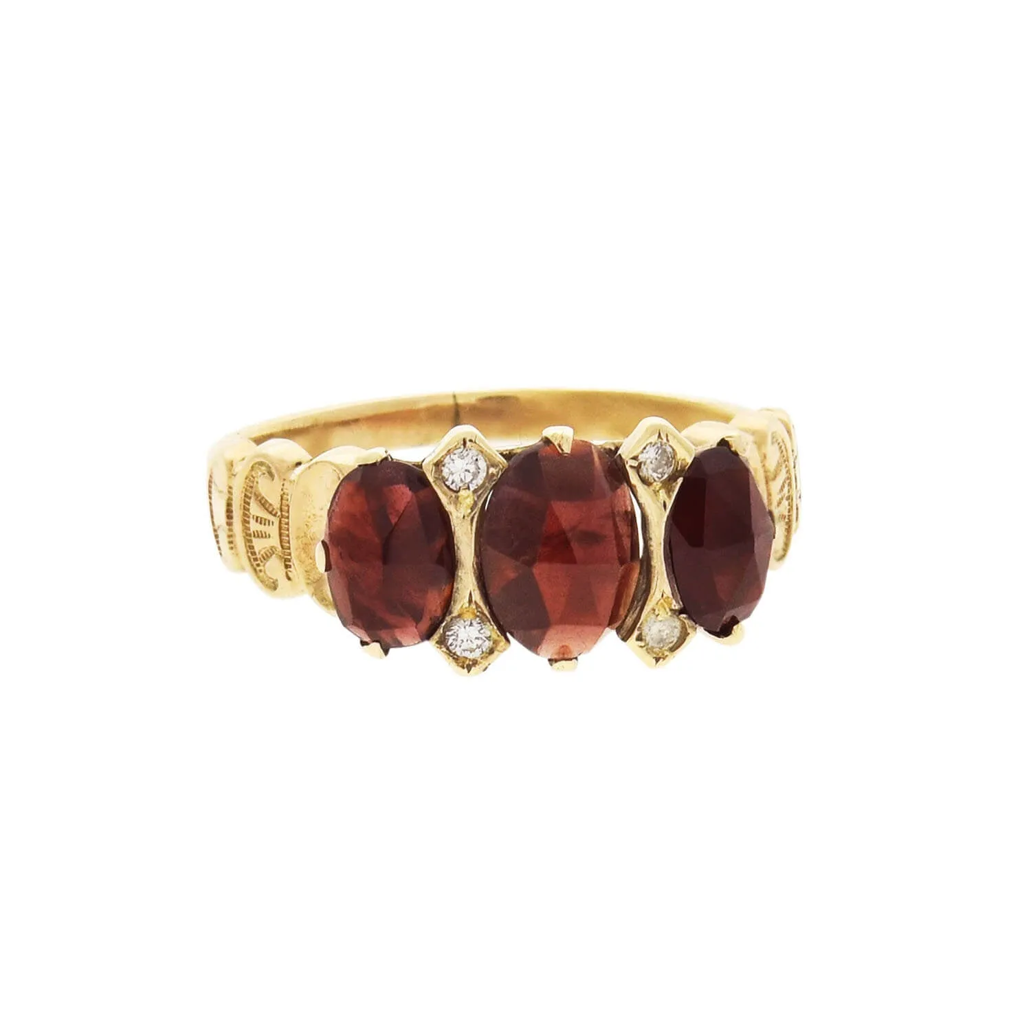 Victorian Style 14kt Faceted Garnet   Diamond 3 Stone Ring