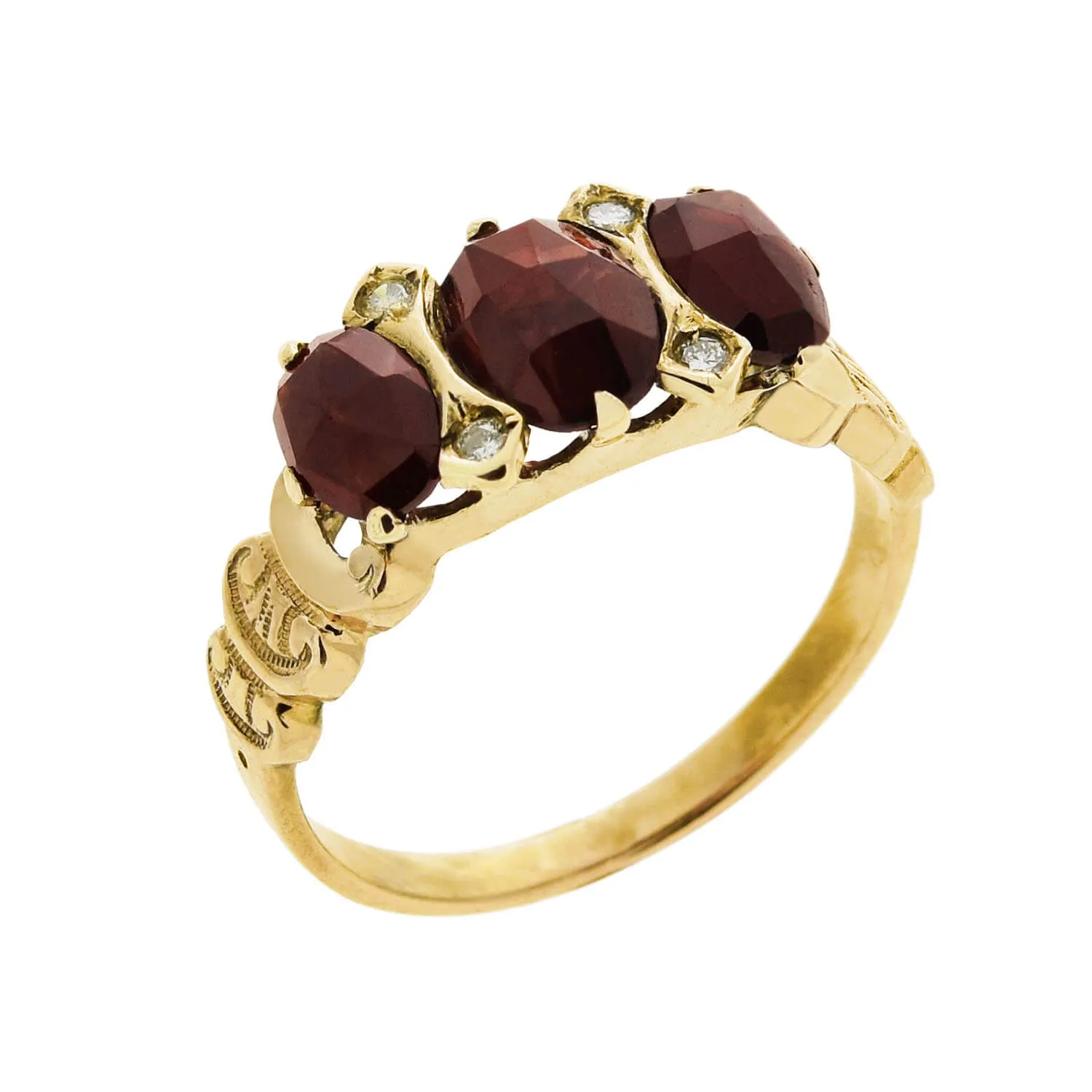 Victorian Style 14kt Faceted Garnet   Diamond 3 Stone Ring