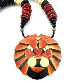 Vintage Apple Coral Mosaic Lion Necklace