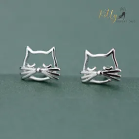 Whiskered Cat Stud Earrings in Solid 925 Sterling Silver