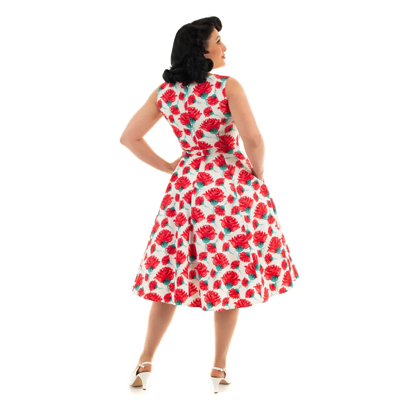 White And Red Rose Vintage V Neck Floral Print Swing Dress