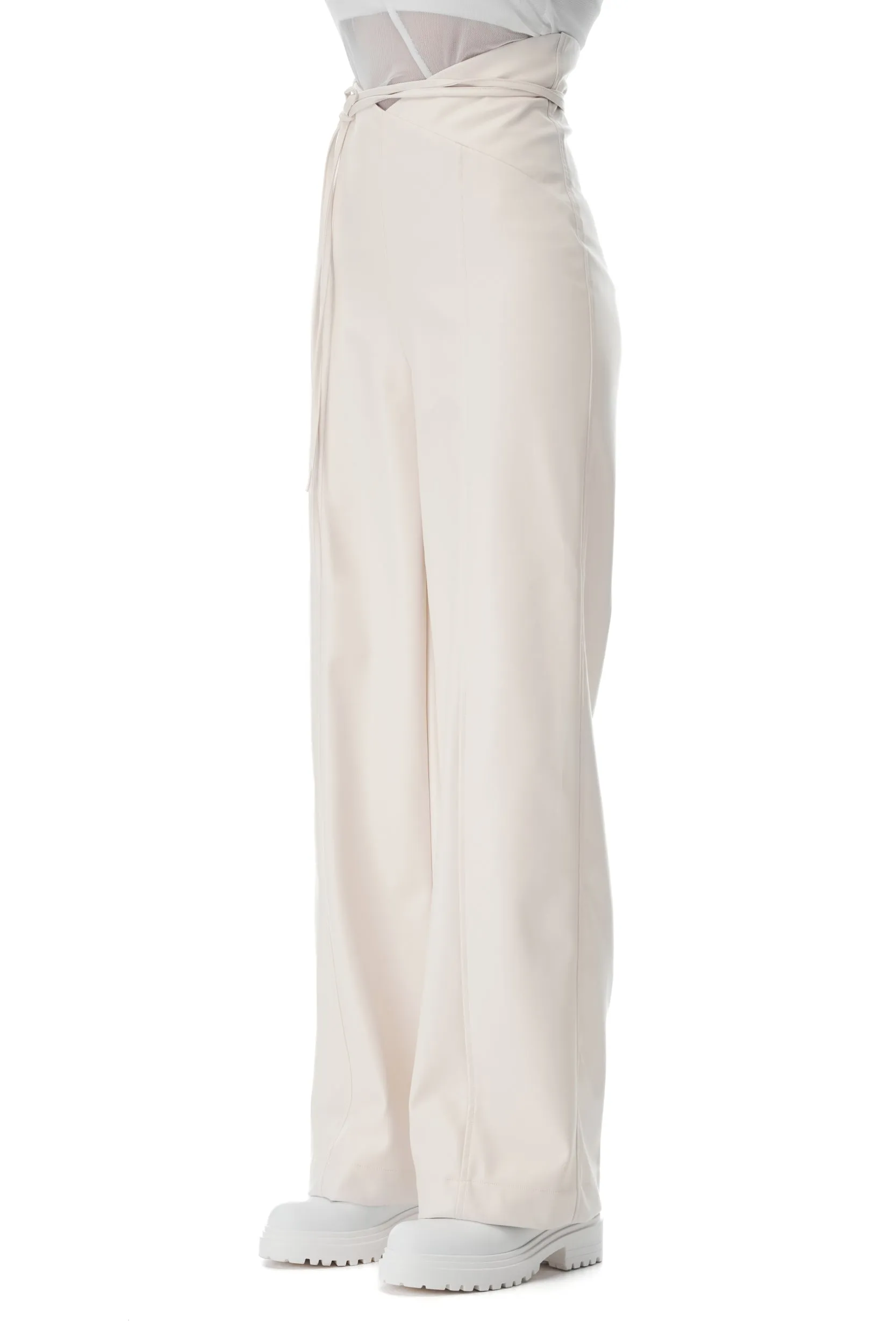 White Faux Leather V-cut Pants