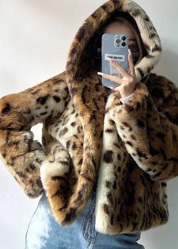 Winter Short Thick Warm Leopard Print Faux Fur Coat Women with Hood