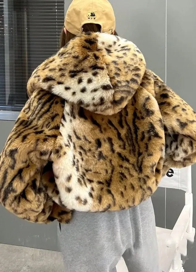 Winter Short Thick Warm Leopard Print Faux Fur Coat Women with Hood