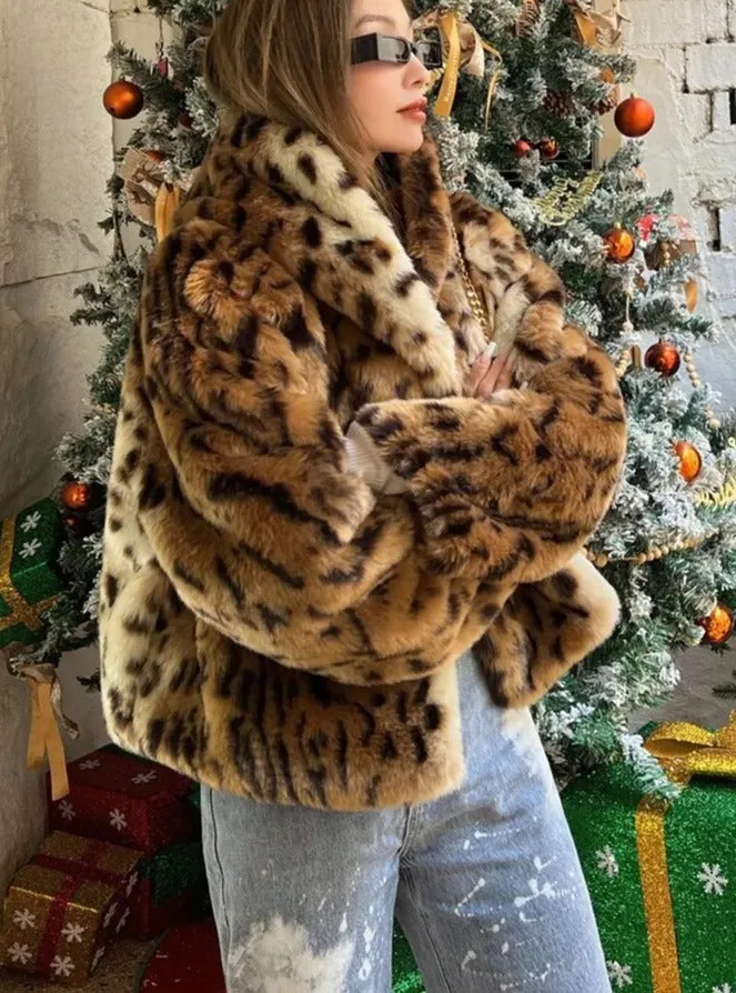 Winter Short Thick Warm Leopard Print Faux Fur Coat Women with Hood