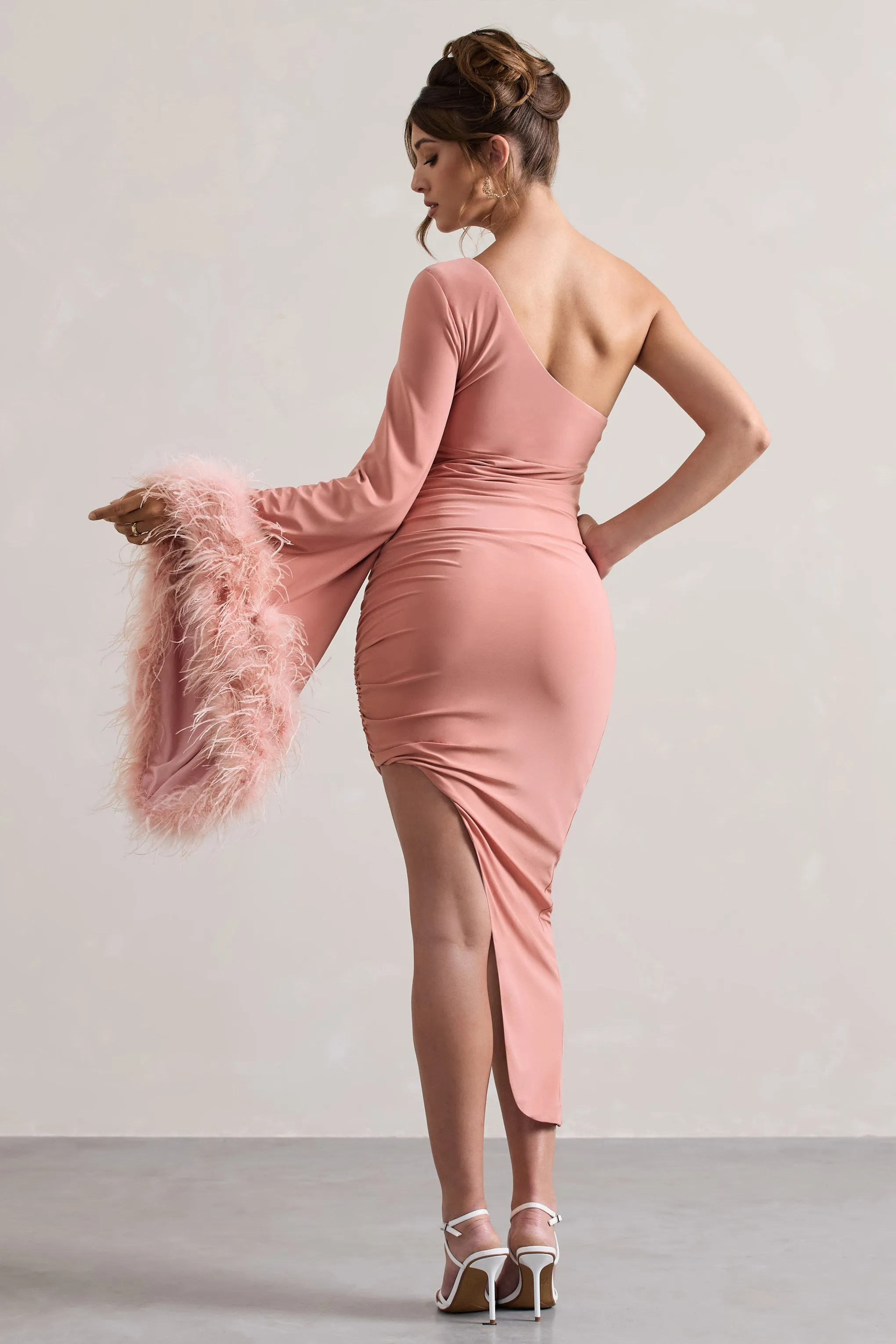 With A Flourish | Pink Asymmetric One-Sleeved Maternity Maxi Dress With Feathers