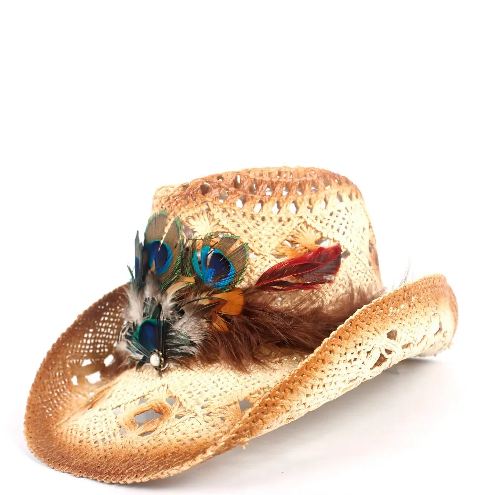 Women Straw Hollow Western Cowboy Hat Lady Handmade Peacock Feather Sombrero Hombre Beach Cowgirl Jazz Sun Hat Size 56-58CM