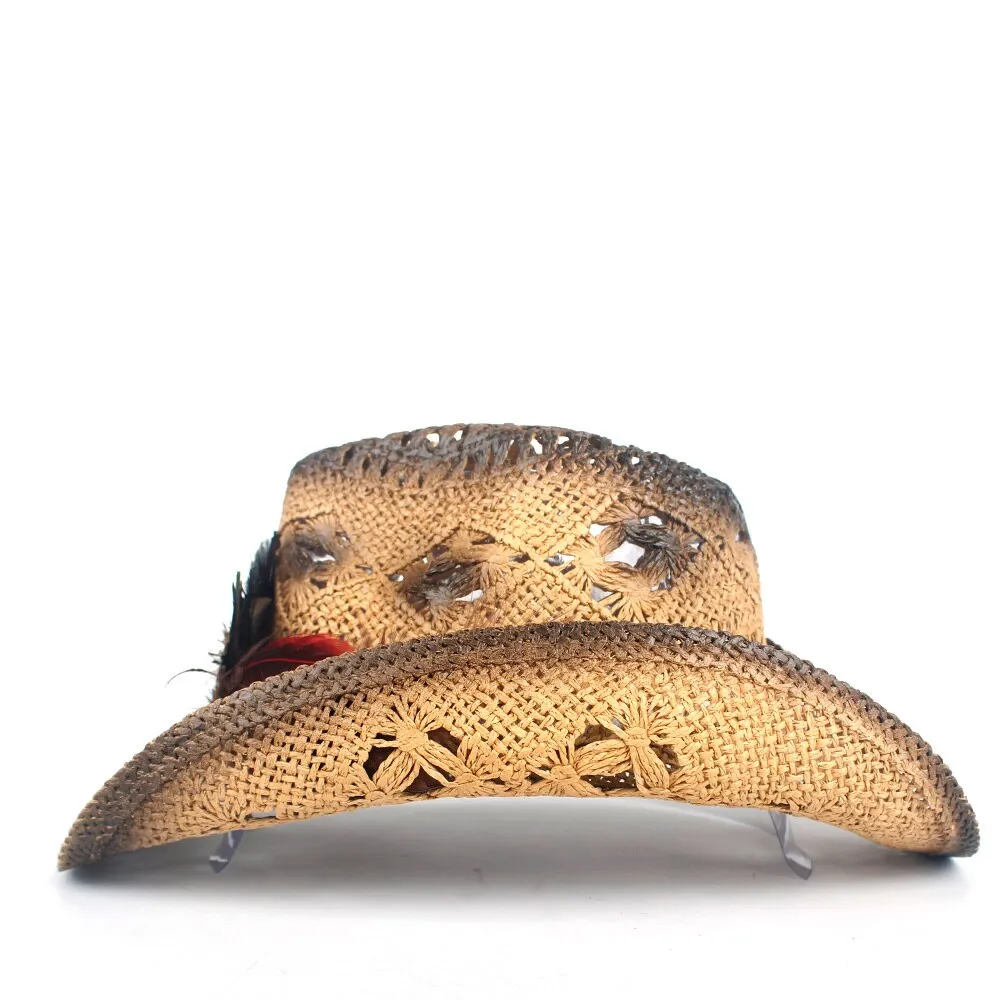 Women Straw Hollow Western Cowboy Hat Lady Handmade Peacock Feather Sombrero Hombre Beach Cowgirl Jazz Sun Hat Size 56-58CM