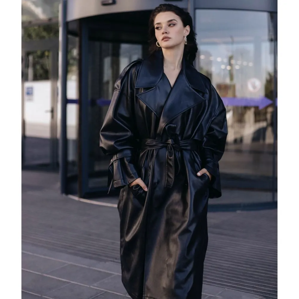 Women's Long Leather Trench Coat | KC Leather Signature Range - Sugar