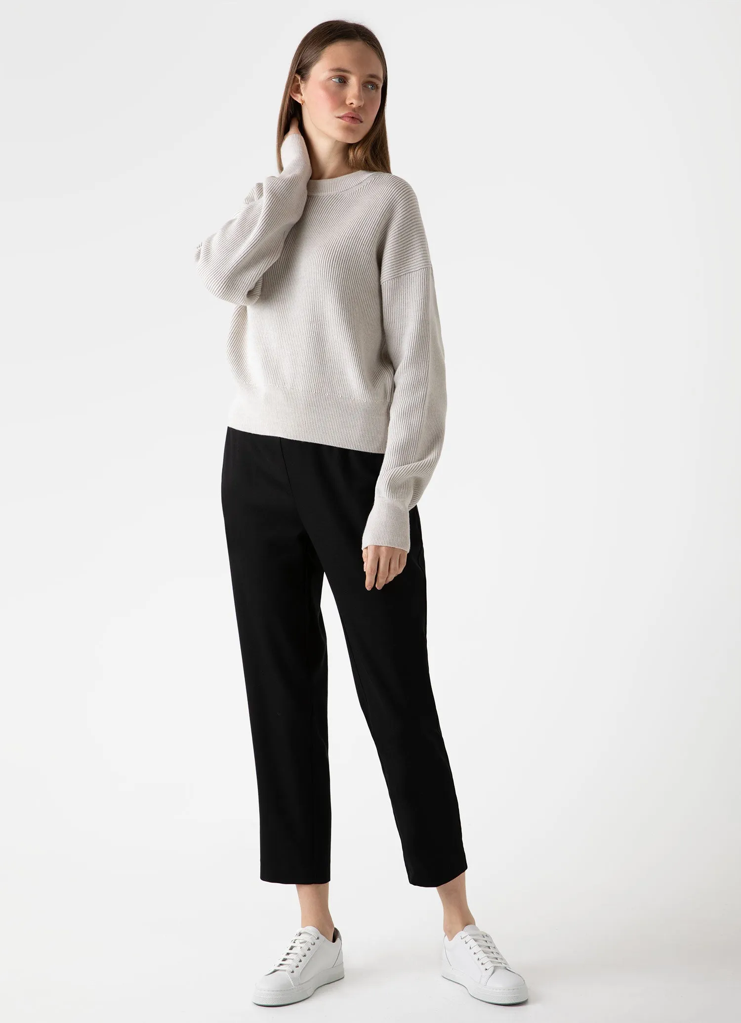 Women's Ribbed Crew Neck Jumper in Ecru