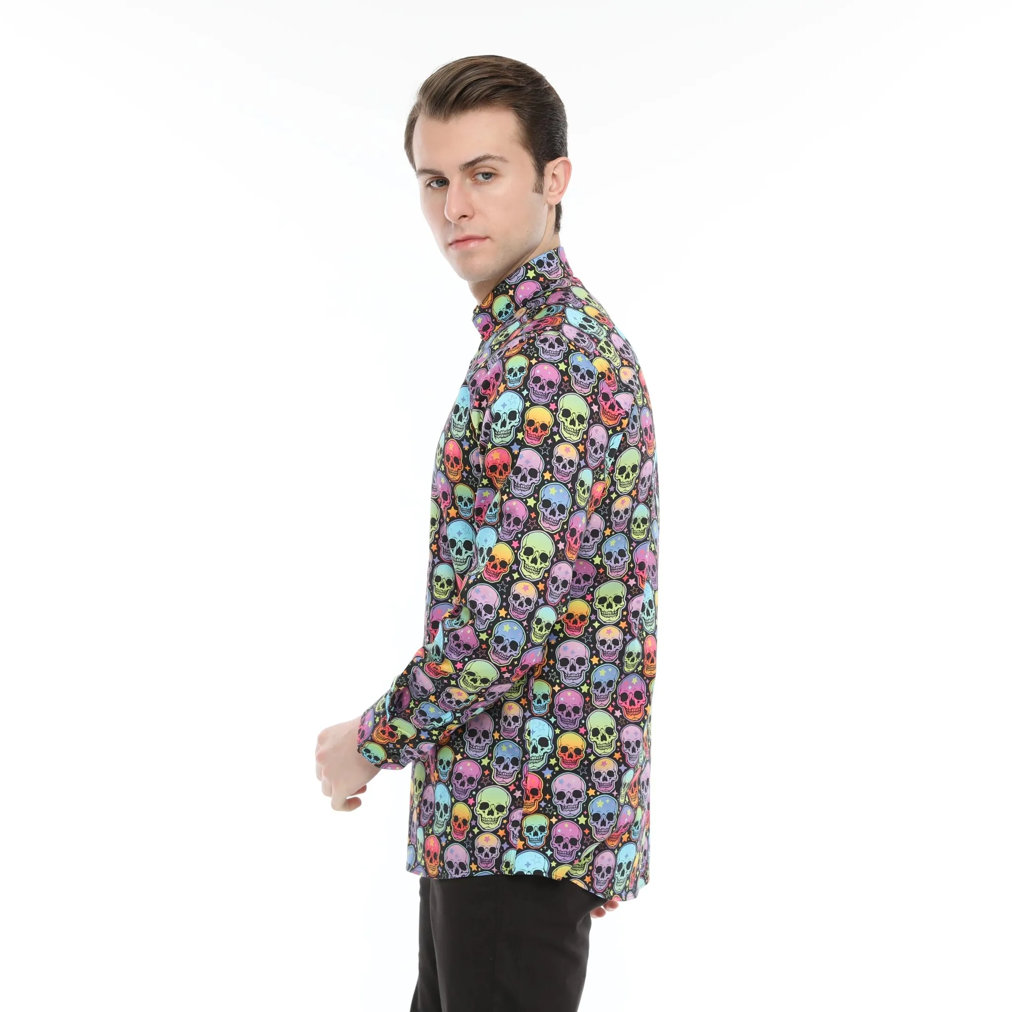 Xact Men's Neon Skulls & Stars Print Long Sleeved Shirt, Regular Fit