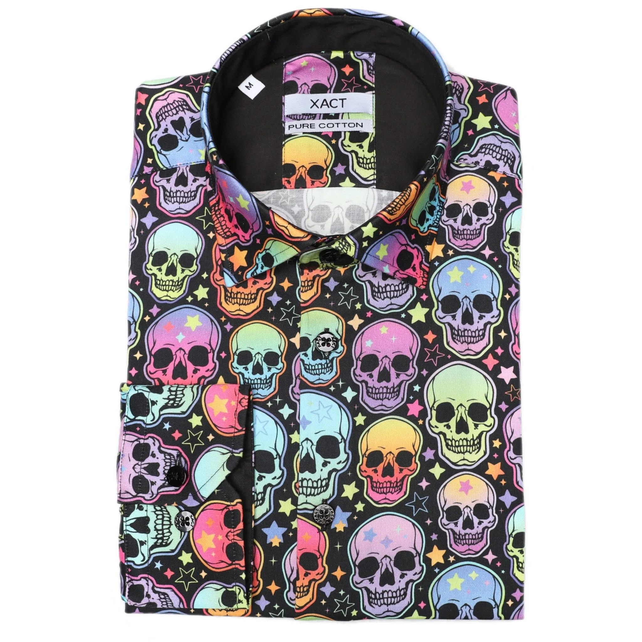 Xact Men's Neon Skulls & Stars Print Long Sleeved Shirt, Regular Fit