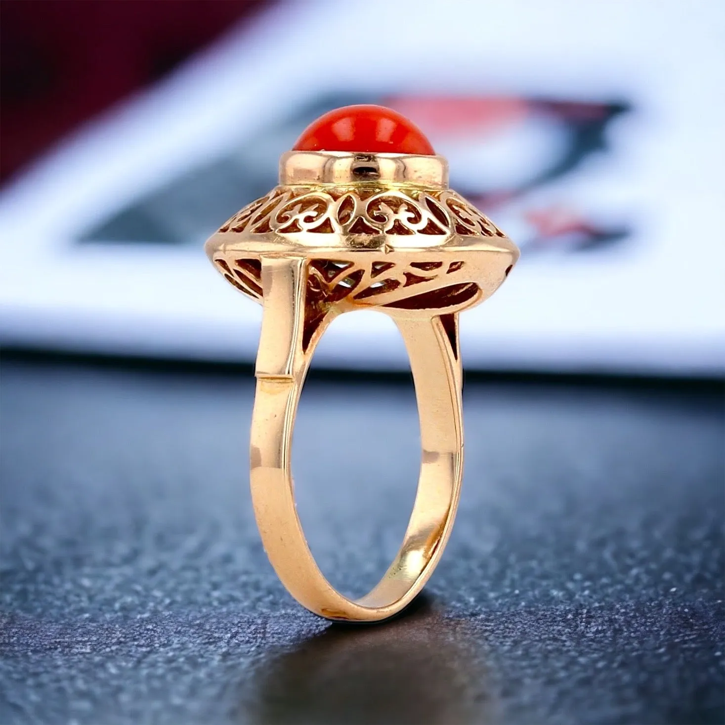 Yellow 14k red coral dome ring