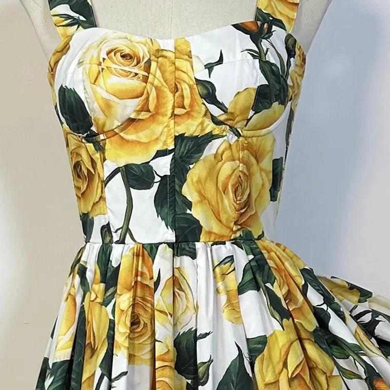 Yellow Rose Floral Print Mini Dress