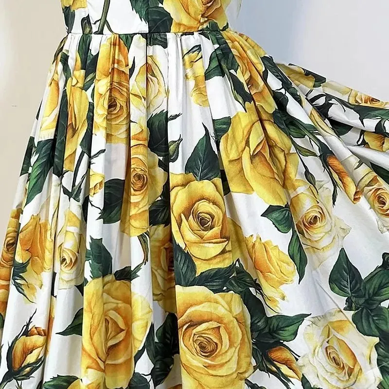 Yellow Rose Floral Print Mini Dress