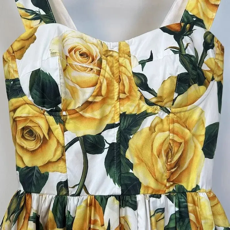 Yellow Rose Floral Print Mini Dress