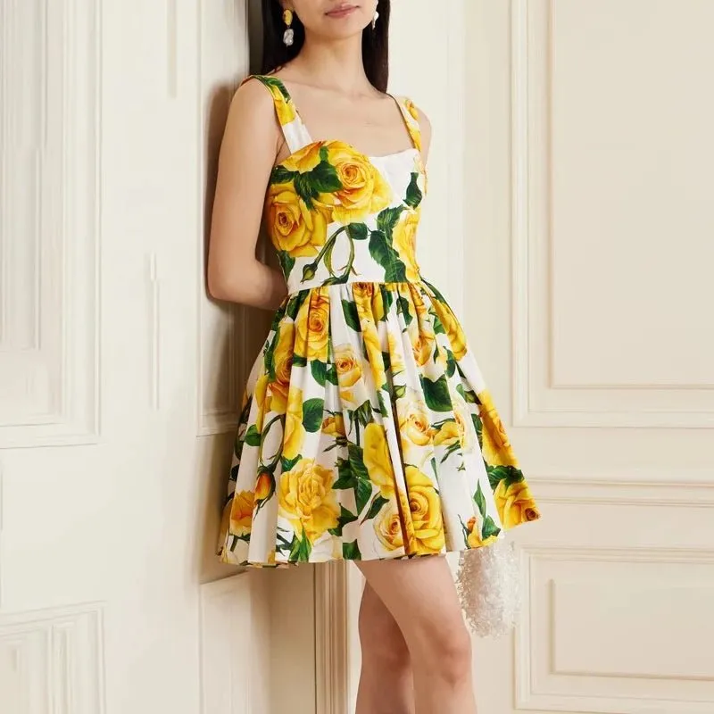 Yellow Rose Floral Print Mini Dress