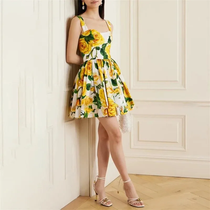 Yellow Rose Floral Print Mini Dress