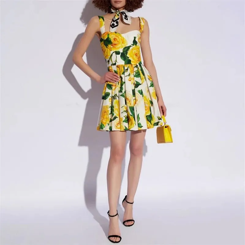 Yellow Rose Floral Print Mini Dress